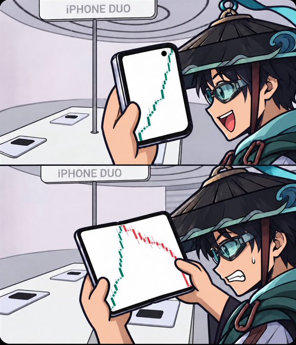 A two-panel anime meme showing a character in a conical hat at an 'iPHONE DUO' display; in the top panel he smiles holding a phone with a green upward chart, and in the bottom panel he sweats in panic as the chart turns red and crashes.
