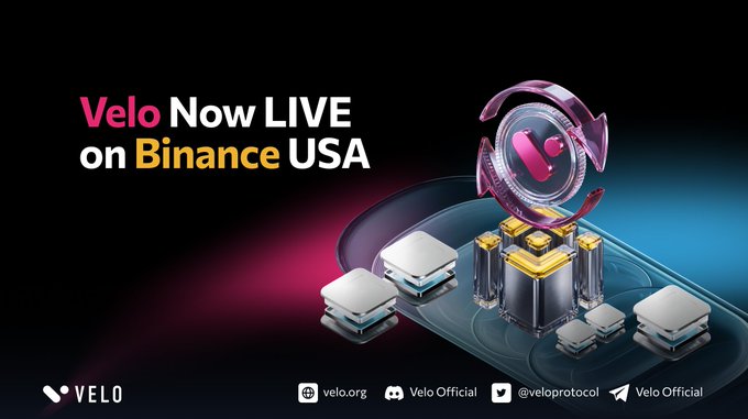 The promotional graphic announces "Velo Now LIVE on Binance USA," featuring a stylized 3D rendering of the Velo "V" logo encased in a circular frame, surrounded by metallic cube structures on a smartphone-shaped platform. The bottom of the image displays the Velo logo along with official social media handles (velo.org, Velo Official, @veloprotocol, and Telegram), reinforcing the announcement that U.S. crypto investors can now access and trade $VELO on Binance US.
