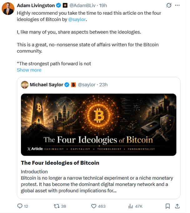 The image shows a Twitter post from Michael Saylor, who has been blocked by another user named @Strategy. The post discusses Bitcoin and its implications for the four ideologies of Bitcoin. It seems that some people are trying to block Michael Saylor's posts about Bitcoin due to disagreements or differing opinions on the subject. However, it is important to note that major investors do not get blocked when discussing Bitcoin, as there are other ways to resolve such issues, like engaging in a respectful conversation or reporting the user blocking them to Twitter.