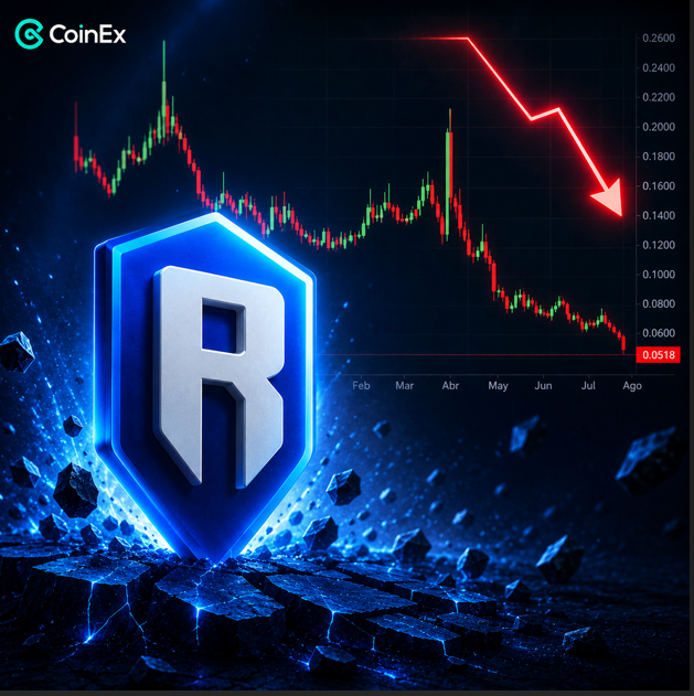 A CoinEx promotional graphic featuring a large blue 'R' shield logo alongside a bearish stock chart with a red downward arrow, showing a price drop to 0.0518.