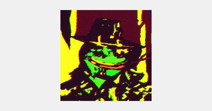 A highly stylized, high-contrast image shows a face wearing a wide-brimmed hat, rendered in bright yellow, green, and dark red tones with a distorted, grinning expression.