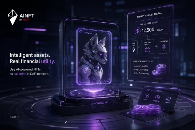 A promotional graphic for AINFT BY THON with the tagline 'Intelligent assets. Real financial utility.' It depicts a futuristic AI-powered NFT displayed in a glowing case with a DeFi interface showing collateral value of 12,500 USDD and options to lend, borrow, and earn at ainfl.io.