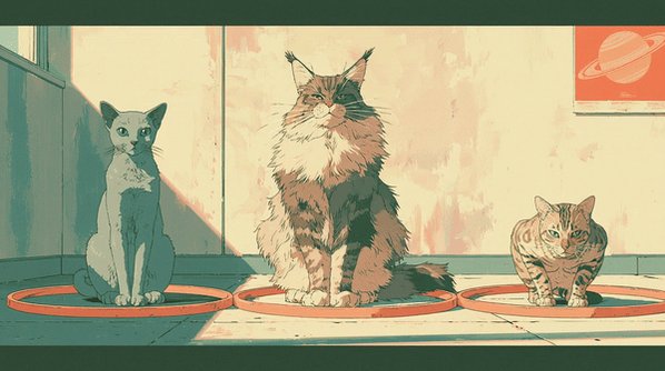 The image features a cartoon illustration of three cats sitting around each other with their eyes closed. The cats are positioned at different angles, creating an interesting composition. The background includes a wall that has a window and a red planet hanging above it. There is also a caption in the image that provides information about the risks associated with investing in certain assets or funds.