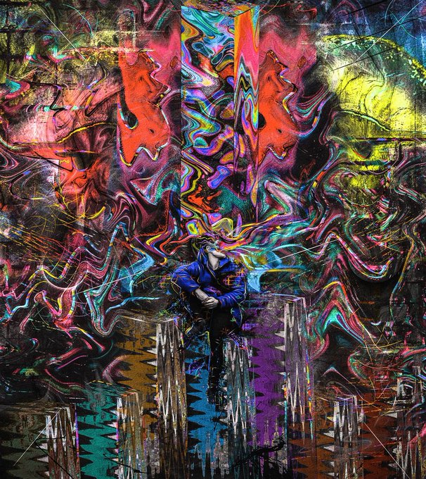 A vibrant, abstract digital artwork featuring a person sitting amid swirling, psychedelic colors with distorted figures emerging from the chaotic background.