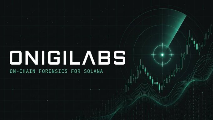 Promotional banner for ONIGILABS reading "ON-CHAIN FORENSICS FOR SOLANA" with a radar-style graphic and green candlestick chart on a dark background.