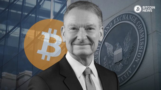 The image shows SEC Chairman Paul Atkins smiling in a black-and-white portrait, positioned between a Bitcoin logo on the left and the U.S. Securities and Exchange Commission seal on the right, with "Bitcoin News" branding in the upper right corner—visually representing his statement that the SEC will move forward on crypto regulation regardless of the CLARITY Act's passage.