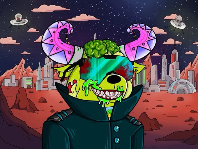 A colorful cartoon illustration features a green-skinned, zombie-like character with an exposed brain, VR goggles, and pink tentacle-like appendages, set against a sci-fi Martian landscape with UFOs and futuristic buildings.
