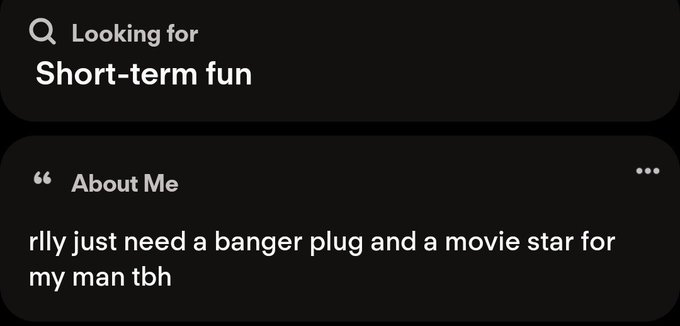 The image shows two text messages displayed side by side on an app screen. The first message reads "looking for short-term fun" while the second message says "about me". Both messages are written in black text against a gray background, making them stand out clearly.
