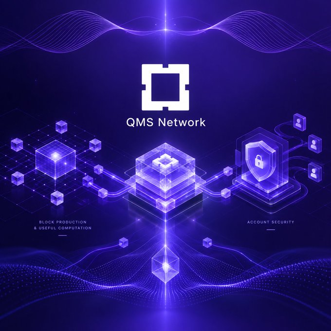 A purple-themed promotional graphic for 'QMS Network' featuring 3D cube designs with text indicating 'BLOCK PRODUCTION & USEFUL COMPUTATION' and 'ACCOUNT SECURITY'.