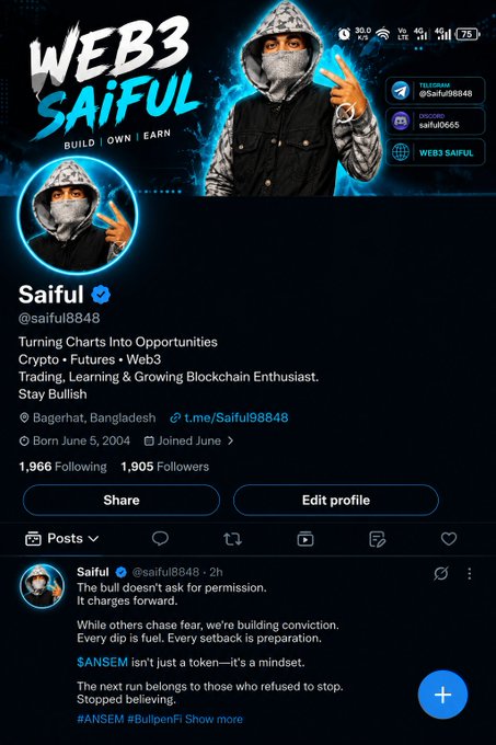 A Twitter/X profile for 'Saiful' (@saiful8848) promoting 'WEB3 SAIFUL' with the tagline 'BUILD OWN EARN', describing himself as a crypto and blockchain enthusiast from Bagerhat, Bangladesh.
