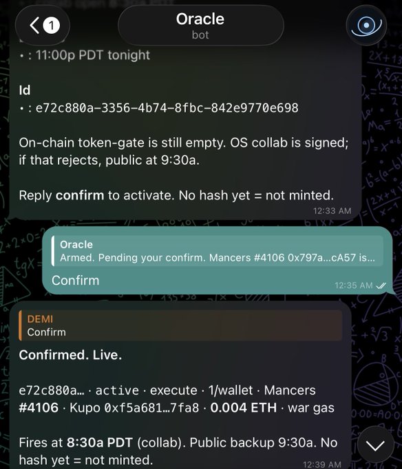 A chat interface screenshot with an 'Oracle' bot discussing an on-chain token-gate minting process, mentioning 'Mancers #4106', '0.004 ETH', and timestamps around midnight PDT.