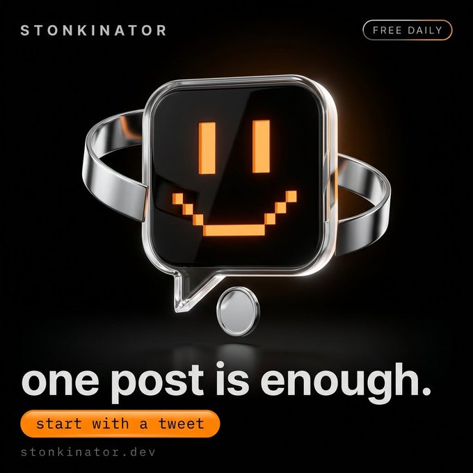 An advertisement for Stonkinator featuring a 3D chat bubble character with a smiley face, promoting 'one post is enough' with a 'Free Daily' tag and start with a tweet button.