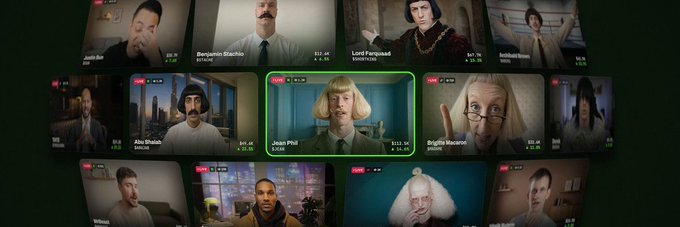 A streaming interface displaying multiple video thumbnails of various broadcasters, with one caller's video (Jean Phil, $1.7B) highlighted by a green border in the center.