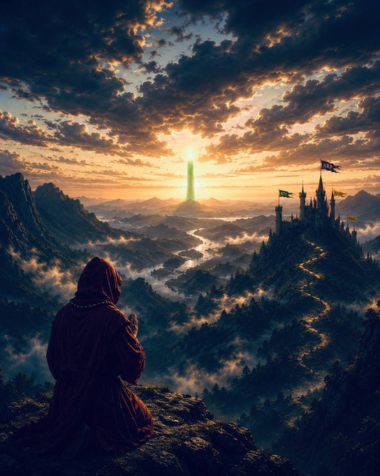 A fantasy landscape at sunset showing a hooded figure in a red robe kneeling on a cliff edge, gazing toward a distant castle and a glowing green tower.