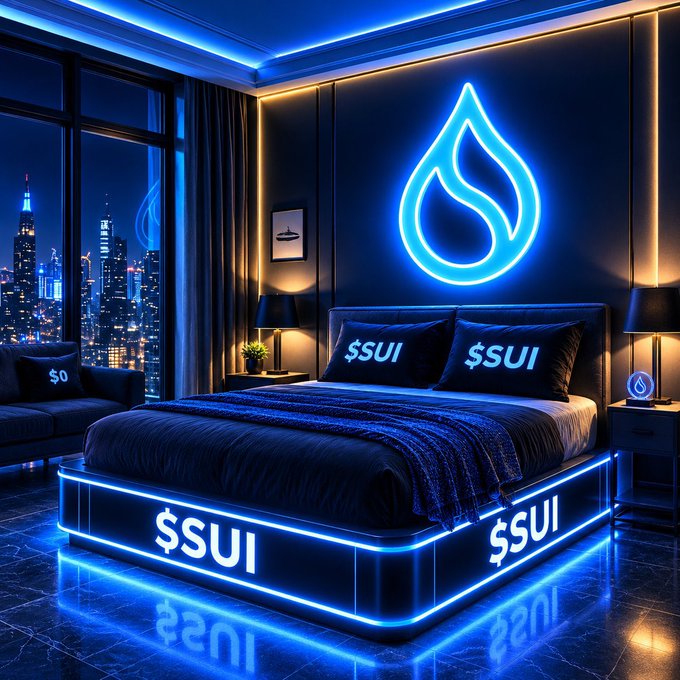 A luxurious, neon-lit bedroom features a bed and surrounding furniture emblazoned with the "$SUI" ticker, complemented by a glowing blue water drop logo on the wall, visually promoting the Sui blockchain network alongside a city skyline view. This sleek, modern setting reinforces the post's message of recharging and reenergizing for a productive new week of building on the $SUI ecosystem.