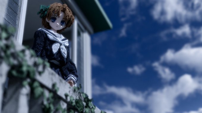 An anime-style doll with brown hair and a green bow stands on a balcony wearing a navy blue and white dress, looking out against a blue sky with white clouds.