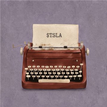 A vintage red typewriter on a purple background displays a piece of paper with the text '$TSLA' typed on it.