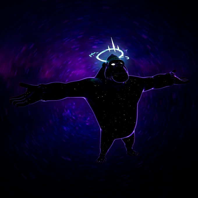A cosmic gorilla silhouette with a glowing halo and star-like body outstretched against a swirling purple and blue galaxy background.