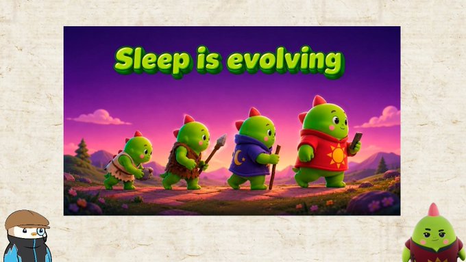 An illustration showing four green troll-like creatures evolving in stages from primitive to modern, under the text 'Sleep is evolving', with two small mascot characters in the bottom corners.