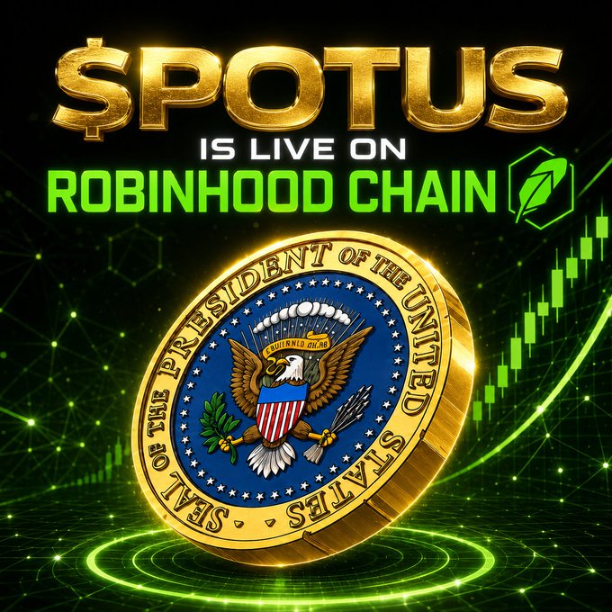 A promotional graphic featuring a gold coin emblazoned with the "Seal of the President of the United States" against a green crypto-themed background, announcing that "$POTUS IS LIVE ON ROBINHOOD CHAIN," directly mirroring the post's announcement of the presidential meme coin's official launch.