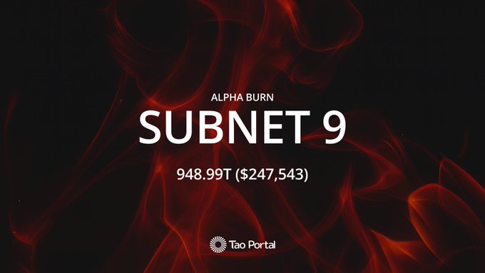 A promotional graphic with red smoke effects displays the text 'ALPHA BURN', 'SUBNET 9', and '948.99T ($247,543)' with a Tao Portal logo.