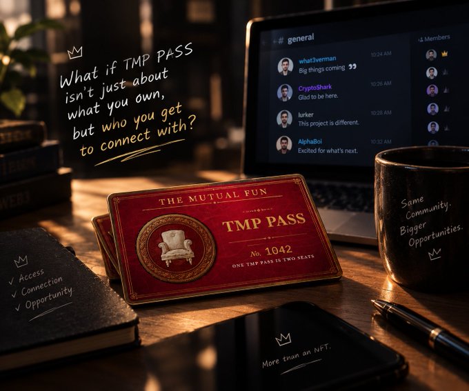 A promotional image for 'THE MUTUAL FUN' featuring a red 'TMP PASS' card on a desk, with handwritten text asking 'What if TMP PASS isn't just about what you own, but who you get to connect with?' and showing a Discord interface in the background.