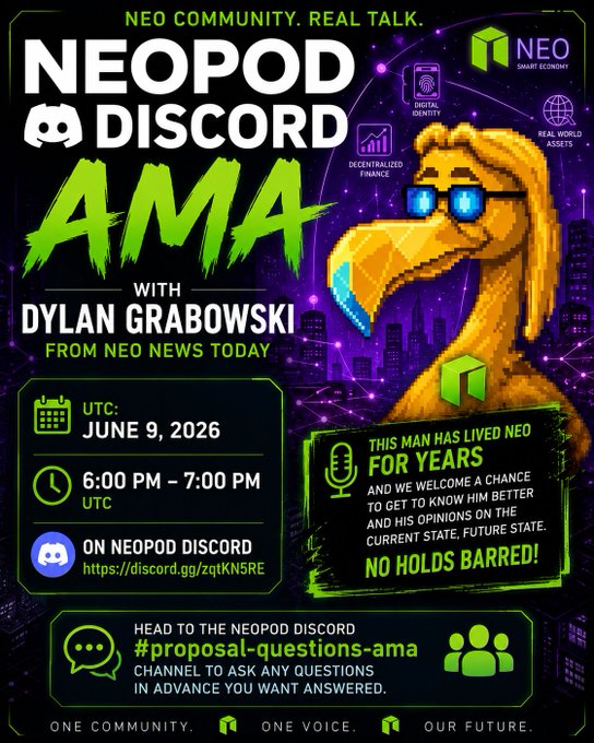 The image features a poster with a cartoon bird wearing sunglasses, likely representing NeoPod or another streaming platform like YouTube. The poster also includes text about an upcoming event called "AMA" where they will be discussing the topic of "Neopod & Discord". There is a link to the event on the poster that says "@neopodorg @NEOnewstoday #proposal-questions-ama channel".