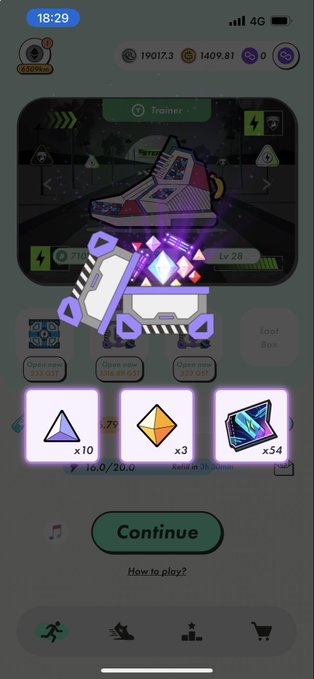 A mobile game reward screen displaying an open treasure chest with three items collected: a blue triangle x10, an orange diamond x3, and a blue crystal x54, with a 'Continue' button below.