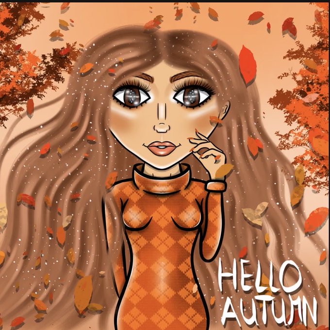 A stylized illustration of a girl with long brown hair wearing an orange argyle sweater, surrounded by falling autumn leaves, with the text 'HELLO AUTUMN'.