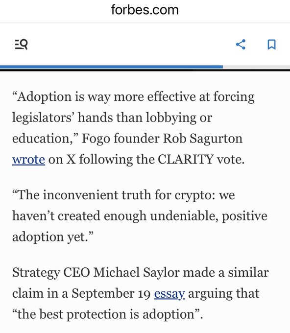 A Forbes article excerpt featuring quotes from Fogo founder Rob Saguron about adoption being more effective than lobbying, and Strategy CEO Michael Saylor's essay arguing 'the best protection is adoption' in the context of the CLARITY vote.
