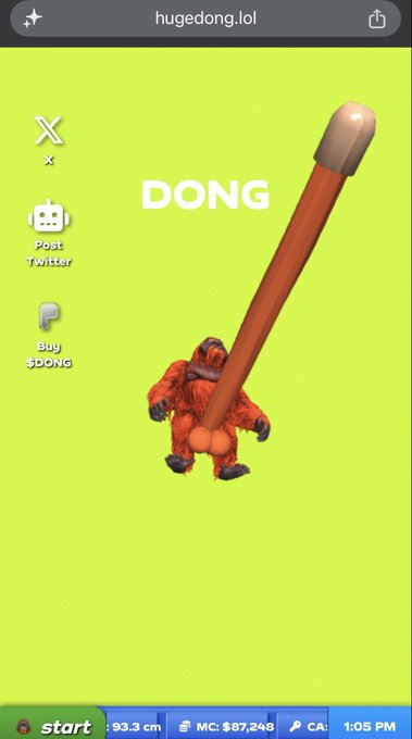 A Windows XP-style desktop screenshot from 'hugedong.lol' featuring a lime green background, a 3D rendered orange monkey holding a giant brown phallic object, and icons for X, Post Twitter, and Buy $DONG.