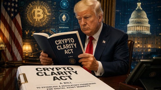 President Trump reads the "Crypto Clarity Act" which is "A BILL TO ESTABLISH A REGULATORY FRAMEWORK FOR DIGITAL ASSET MARKETS," visually representing the post's context of his upcoming meeting with senators to discuss the act.