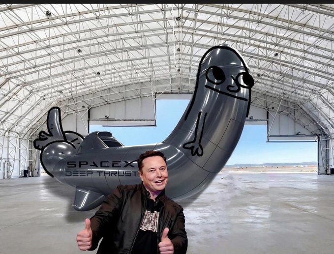 Elon Musk gives a thumbs-up in front of a SpaceX rocket that has been digitally edited into a "Dickbutt" meme shape, with the text "SpaceX Deep Thrust" visible on its side. The image humorously plays on the post's joke by combining a real SpaceX rocket with the internet meme character.