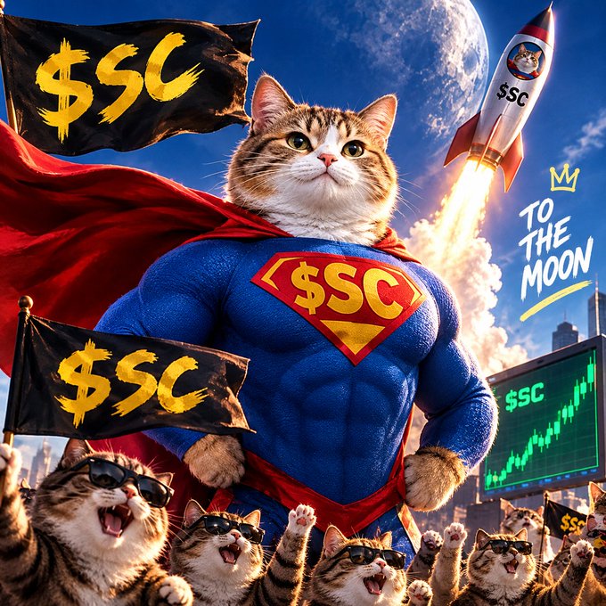 A meme image of a tabby cat dressed as Superman with a '$SC' logo on its cape, with other cats holding '$SC' flags below, a rocket launching in the background, and text 'TO THE MOON' and a stock chart showing rising prices.