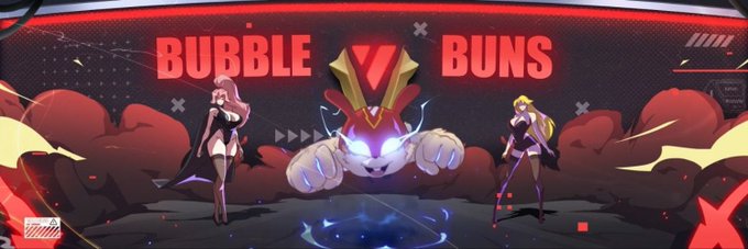 The promotional banner for "BUBBLE BUNS" features a stylized cat-like character flanked by two anime-style female figures against a dramatic red and black background, aligning with the post's mention of an early alpha opportunity in the BubbleBunsHQ project. The bold "BUBBLE BUNS" text and striking character artwork visually reinforce the NFT and token potential the post is highlighting.