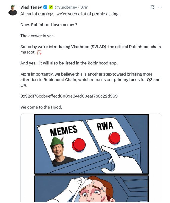 Tweet from Vlad Tenev (@vladtenev) announcing 'Vladhood ($VLAD)' as the official Robinhood chain mascot, including a cartoon meme showing a choice between MEMES and RWA buttons, with the contract address '0x92d176cbbeeffcd8089e841d09ea17b6c22d969'.