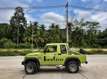 A bright green Mini Cycle rental pickup truck parked on a road with tropical palm trees in the background.