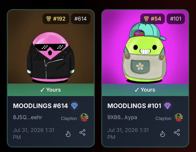 Two NFT collectible cards are displayed: MOODLINGS #614 featuring a pink character with sunglasses (trophy #192), and MOODLINGS #101 featuring a green character with a backpack (trophy #54), both marked as "Yours" and owned by Clayton.