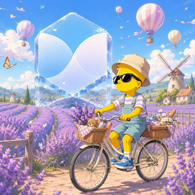 A Simpsons-inspired digital artwork featuring Bart Simpson wearing a sun hat, sunglasses, and overalls, riding a bicycle through a lavender field with hot air balloons and a large crystalline X logo in the background.