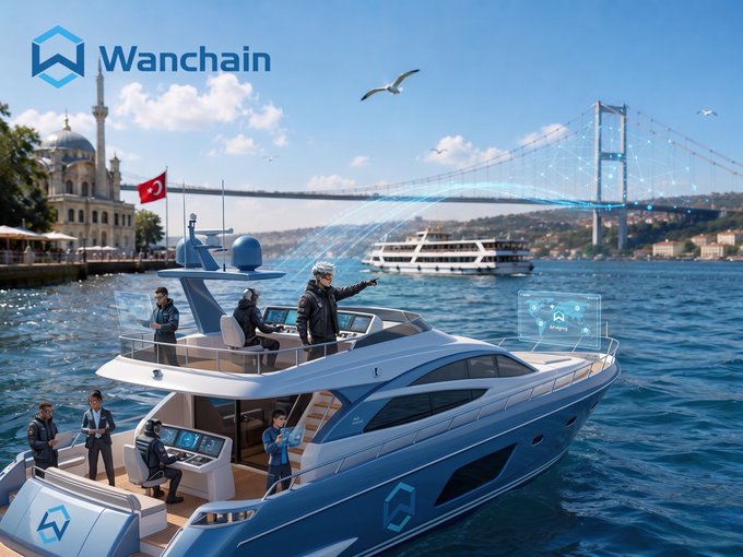 The image shows a luxury yacht crew navigating the Bosphorus near Istanbul's iconic bridges and mosque, with the "Wanchain" logo displayed in the top left corner. The post references testing a strong bridge in Turkey, symbolically linking Wanchain's blockchain asset bridge technology to the visual of an actual physical bridge.