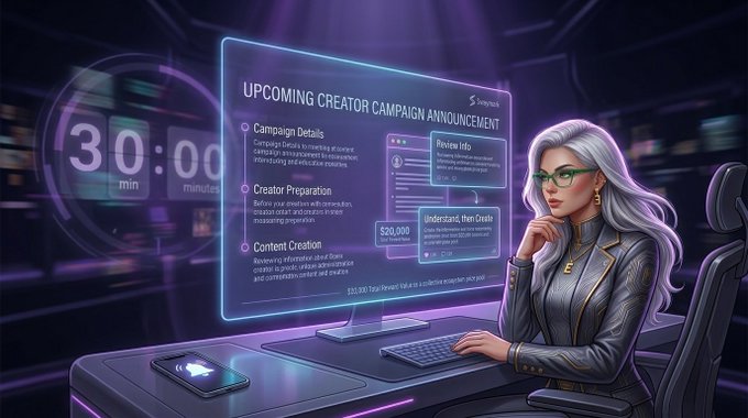 Digital illustration of a silver-haired woman with green glasses working at a futuristic computer showing 'UPCOMING CREATOR CAMPAIGN ANNOUNCEMENT' details, with a 30:00 minute countdown display.