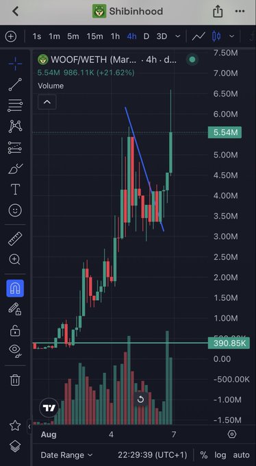 A screenshot of a TradingView chart from 'Shibinhood' showing the WOOF/WETH trading pair on a 4-hour timeframe, indicating a price of 5.54M with a +21.62% increase.