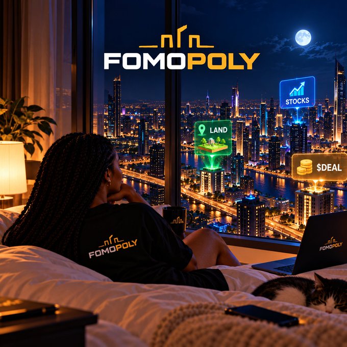 A nighttime city-view scene branded 'FOMOPOLY' shows a person on a bed looking out at illuminated skyscrapers, floating labels for 'STOCKS,' 'LAND,' and '$DEAL,' a laptop, mug, and a sleeping cat.