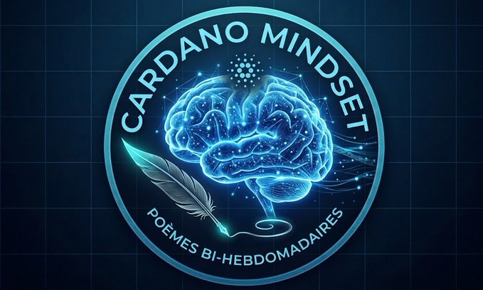 A circular logo for 'CARDANO MINDSET' featuring a glowing blue brain illustration and a quill, with the text 'POÈMES BI-HEBDOMADAIRES' (bi-weekly poems) below.