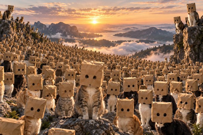 A surreal landscape at sunset shows a massive army of cats wearing brown paper bags on their heads, scattered across a mountainous terrain with mist and distant peaks. The image humorously ties to the post's $ZCAT token, riffing on "paper hands" (weak investors) by literally putting paper bags on cats, flipping the metaphor into "paper bags in."