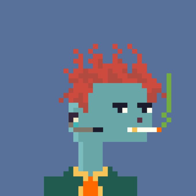 A pixel art portrait of a blue-skinned character with wild red hair, a cigarette, and a headset, with a green speech/voice indicator rising from the side. The stylized avatar fits the playful, experimental art direction referenced in the caption about curating a collection.