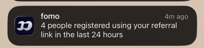 A Fomo notification showing that 4 people registered using a referral link in the last 24 hours, supporting the poster's claim about gaining over 11.5K followers and new daily sign-ups via their "fomo.family/r/mrpunkdoteth" link.
