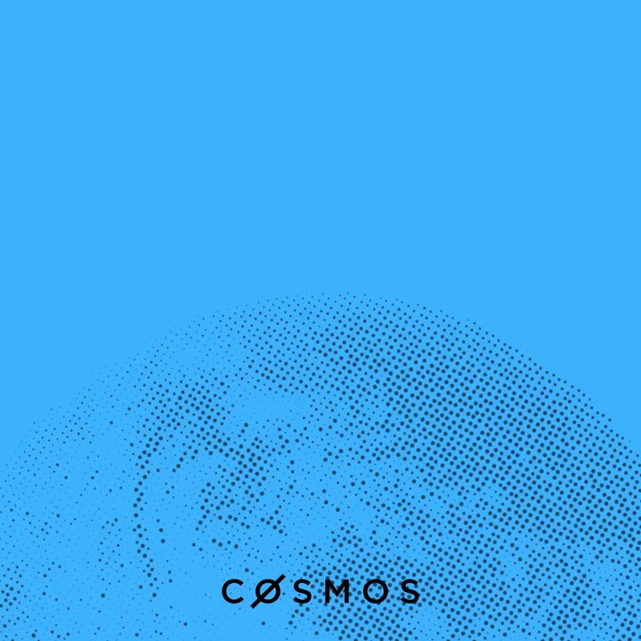 The image features a blue background with a large circle of dots or circles scattered across it. The caption below the image reads "Cosmos", which could be related to the cryptocurrency or simply an unrelated phrase.