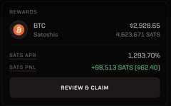 The image shows a "REWARDS" dashboard displaying a BTC Satoshi balance of 82,928.65 (4,623,671 SATS), with an APR of 1,293.70% and earnings of +98,513 SATS ($62.40), featuring a "REVIEW & CLAIM" button. It relates to the post by illustrating the high-yield, Bitcoin-denominated reward structure on SatRush that distinguishes it from typical crypto gambling platforms.