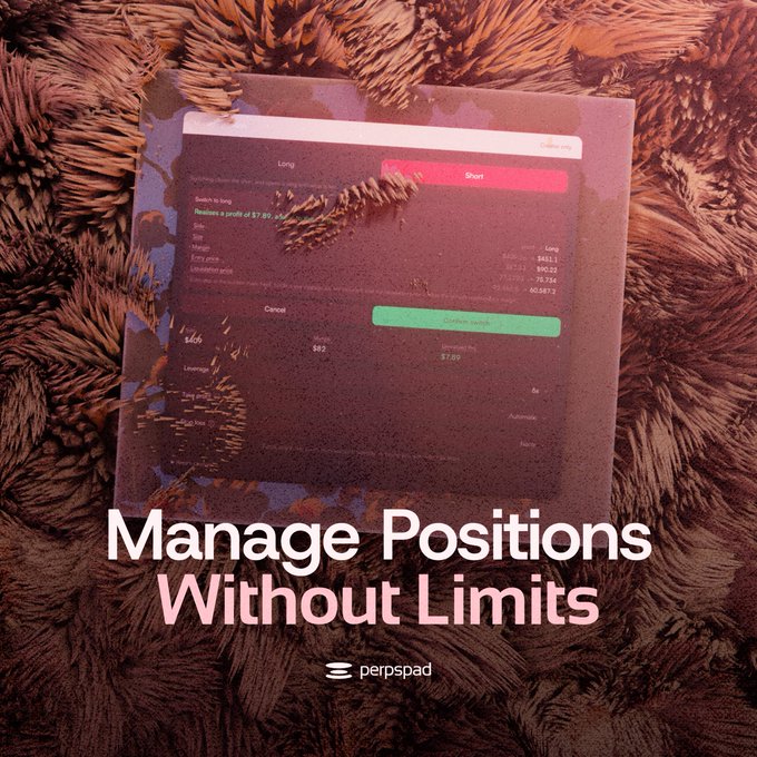 A promotional graphic displaying a trading interface with Long/Short toggles overlaid on a textured fur background, featuring the text "Manage Positions Without Limits" and the "perspad" logo. The image visually reinforces the post's message about giving creators freedom to adjust leverage and flip between long and short positions without restrictions.